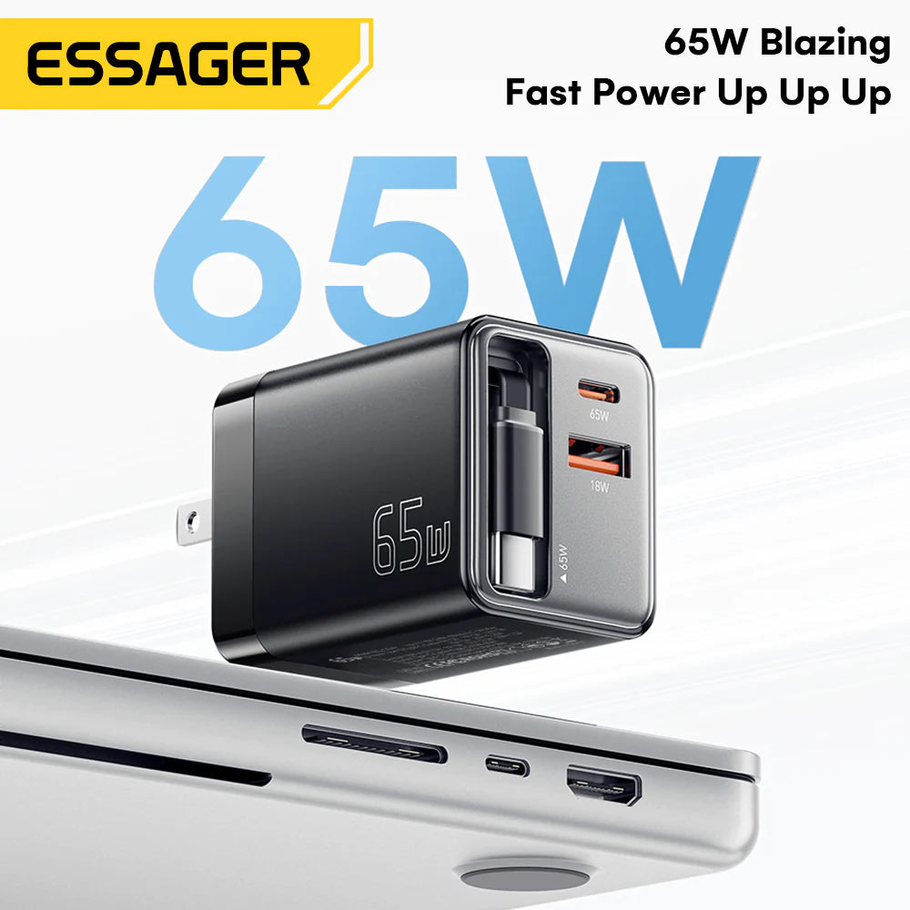 Essager 65W GaN Charger with Retractable Cable (Type C & A)