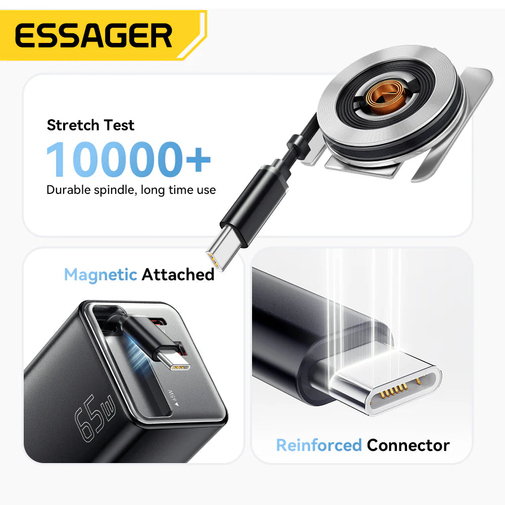 Essager 65W GaN Charger with Retractable Cable (Type C & A)