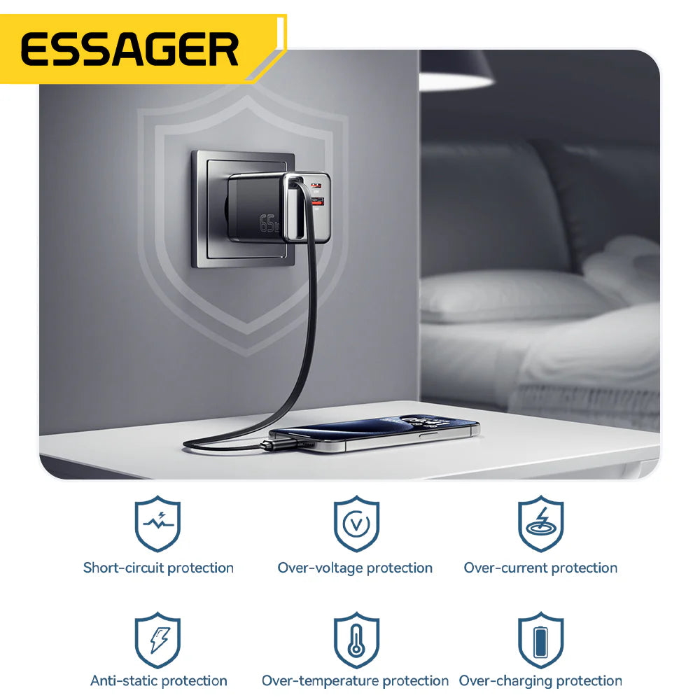 Essager 65W GaN Charger with Retractable Cable (Type C & A)