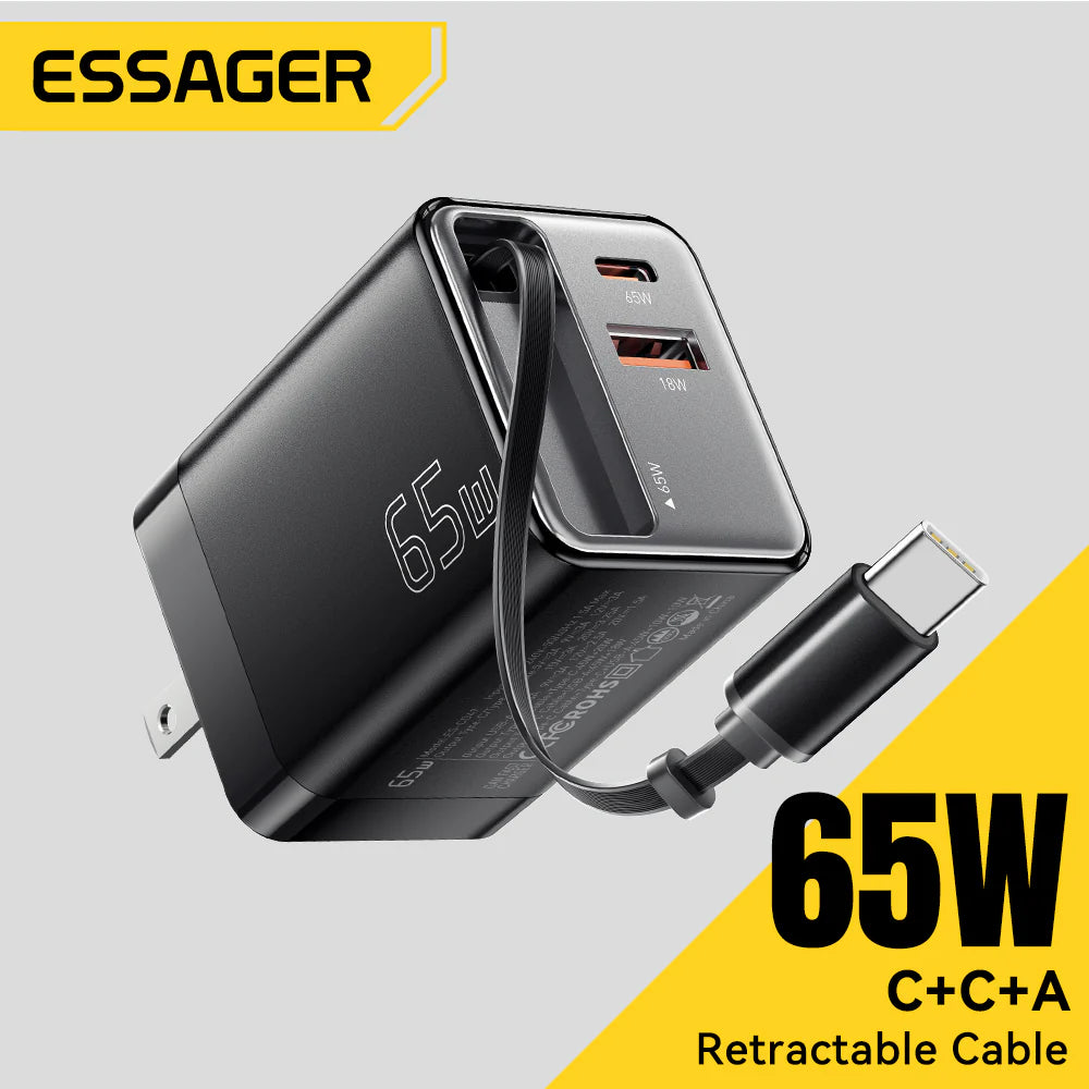 Essager 65W GaN Charger with Retractable Cable (Type C & A)