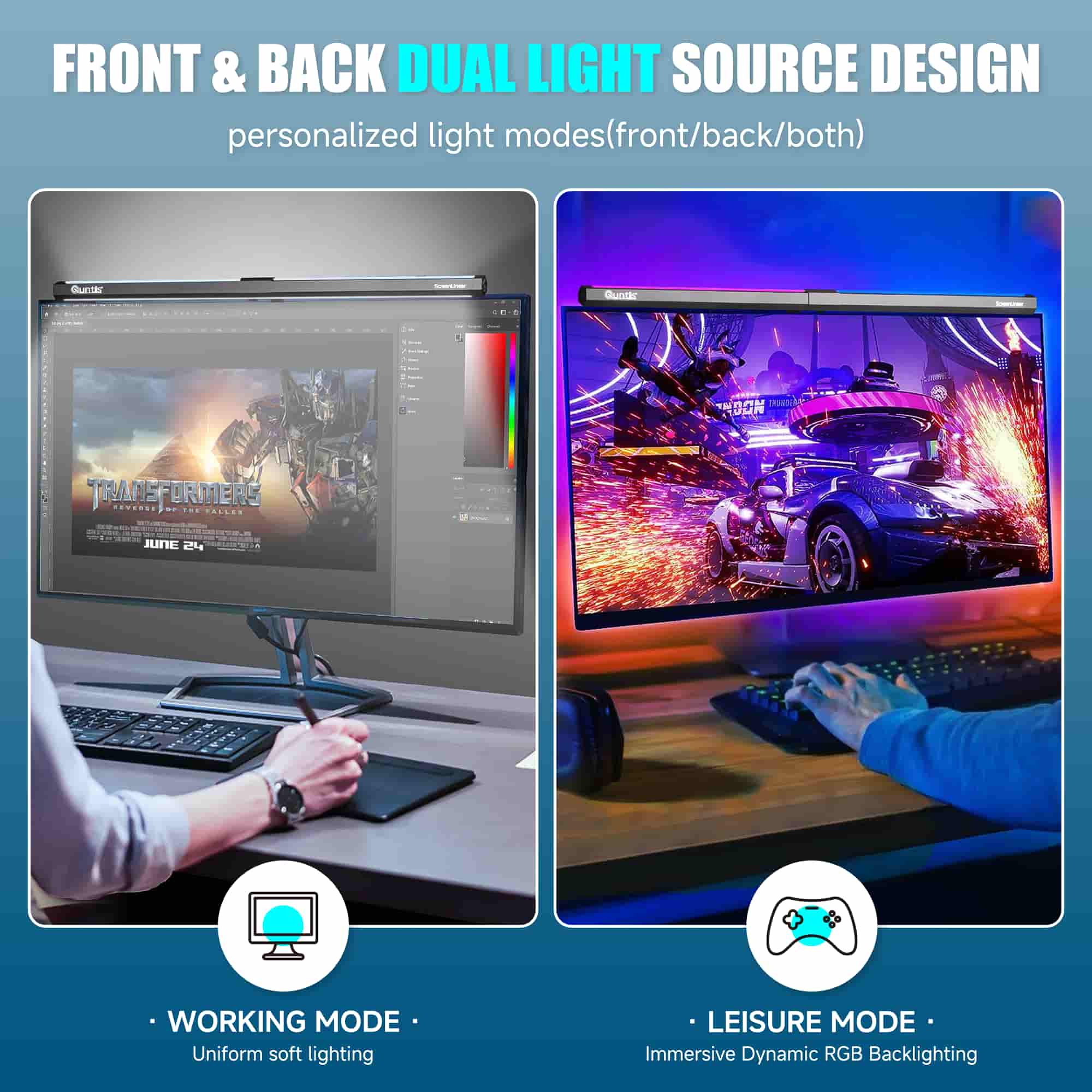 Quntis LED ScreenLinear RGB Dual Light Gaming Monitor Light Bar (19.7")