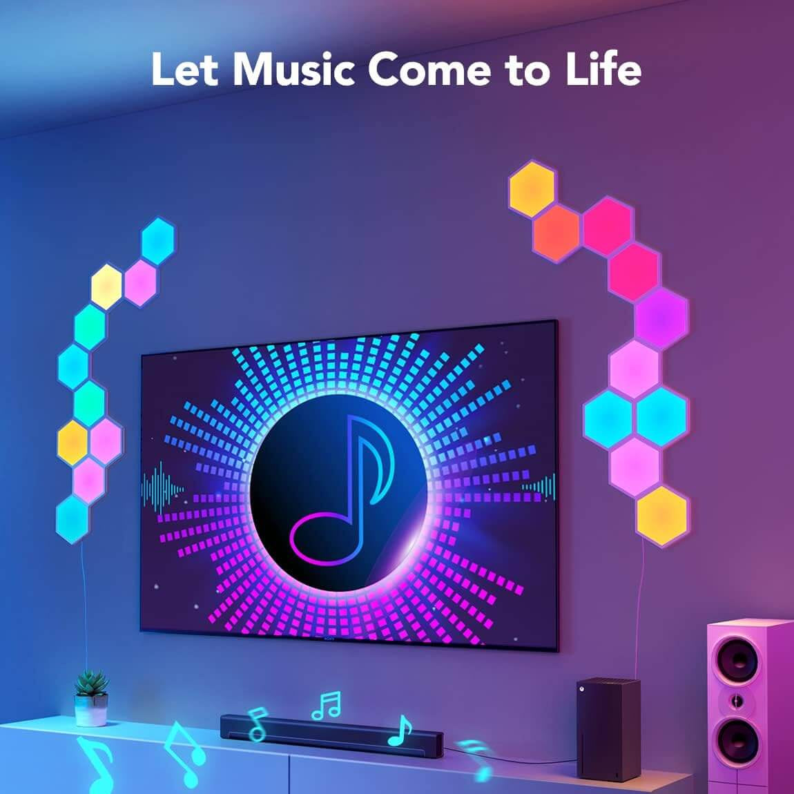 Modern living room with a TV displaying a music-themed design, surrounded by colorful LED lights.