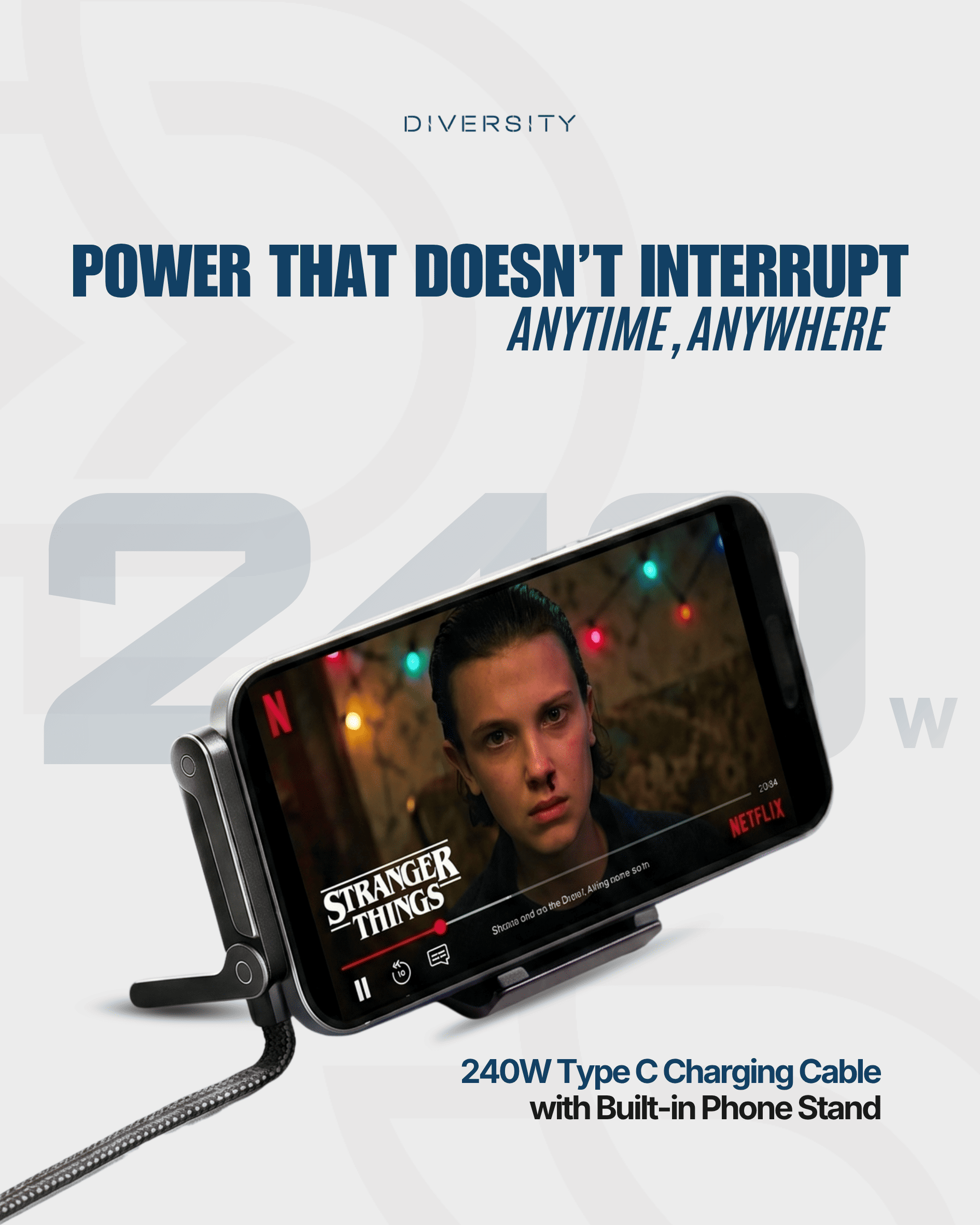 240W Type C Charging Cable with Built-in Phone Stand