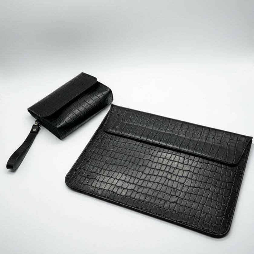 Croc Textured Leather Laptop Sleeve With Power Pouch