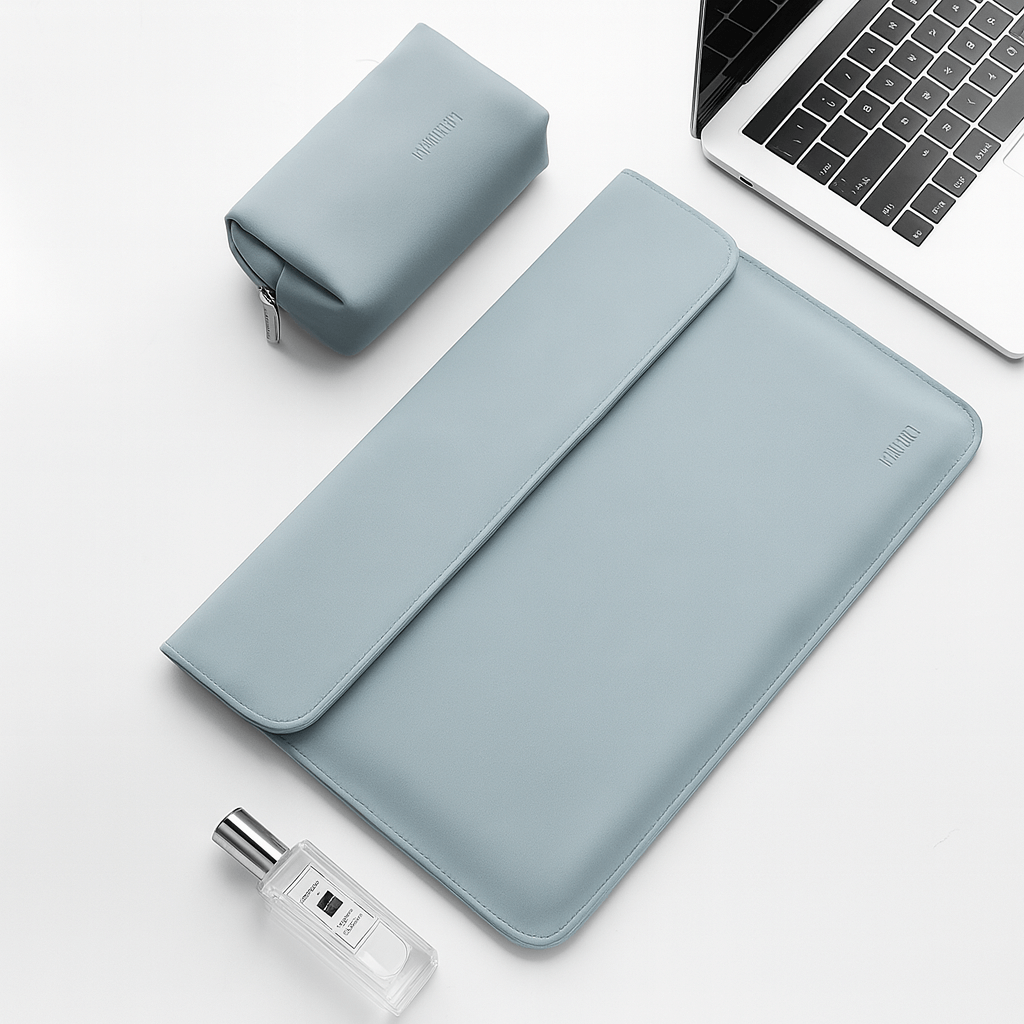 Premium Velvet Laptop Sleeve With Power Pouch - Sky Blue