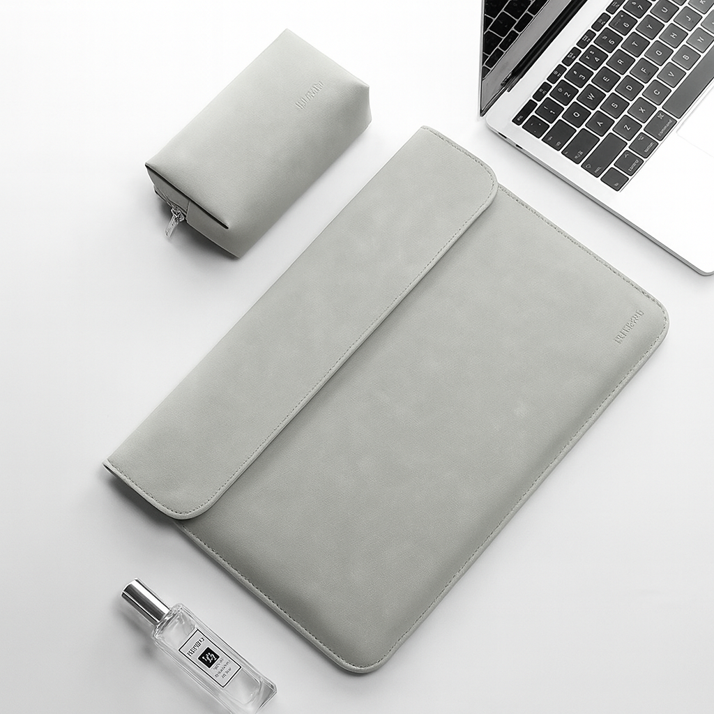 Premium Velvet Laptop Sleeve With Power Pouch - Light Grey
