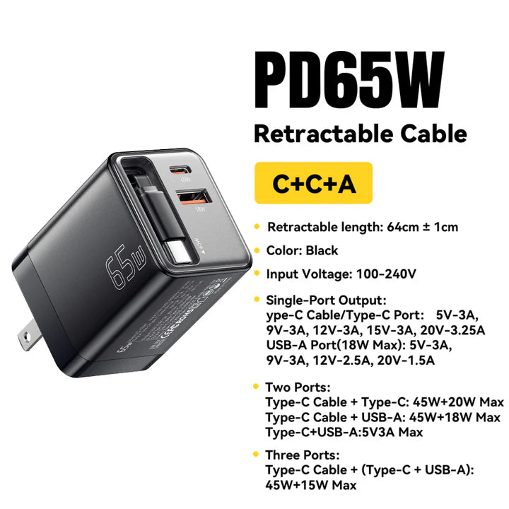 Essager 65W GaN Charger with Retractable Cable (Type C & A)