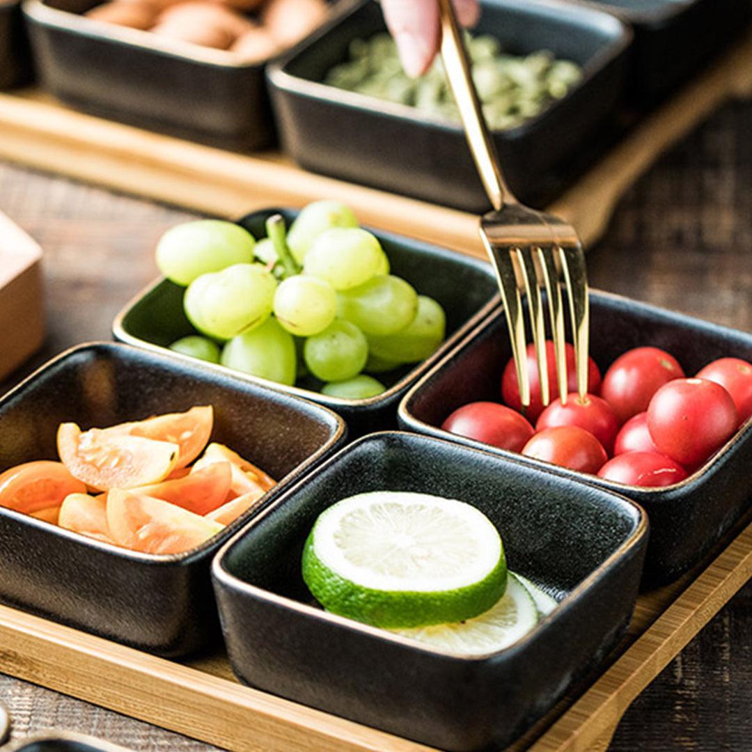 Multifunction Ceramic Serving Platter With Wooden Tray - Black