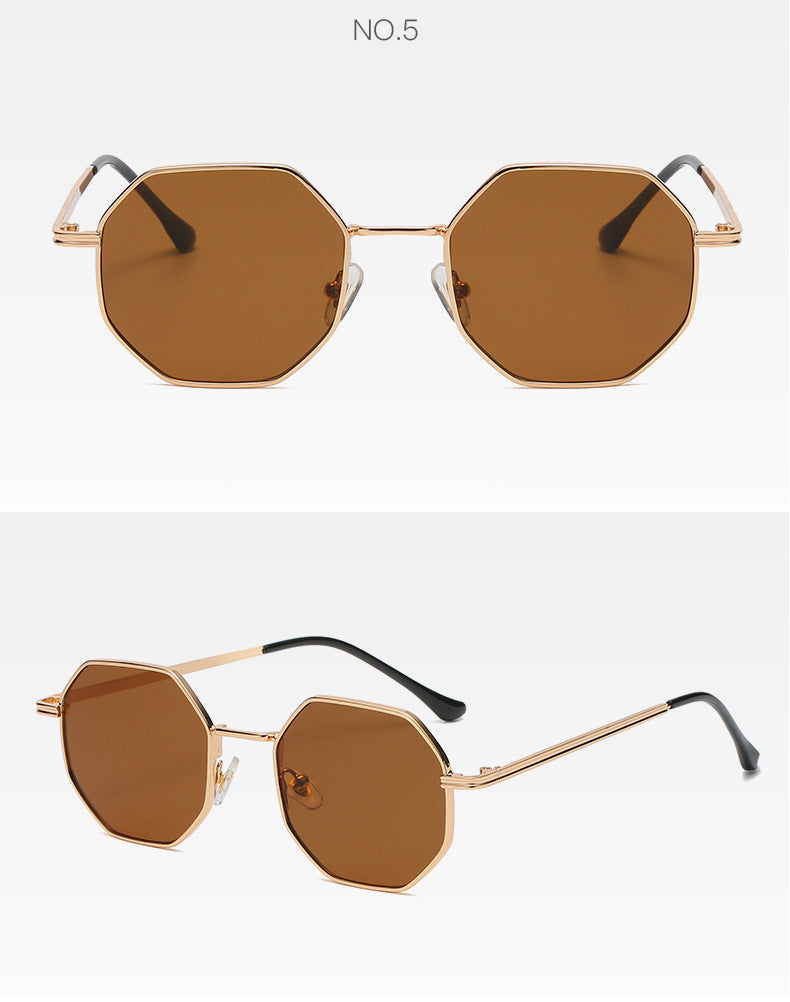 Octagonal Metal Frame Sunglasses - Golden Brown