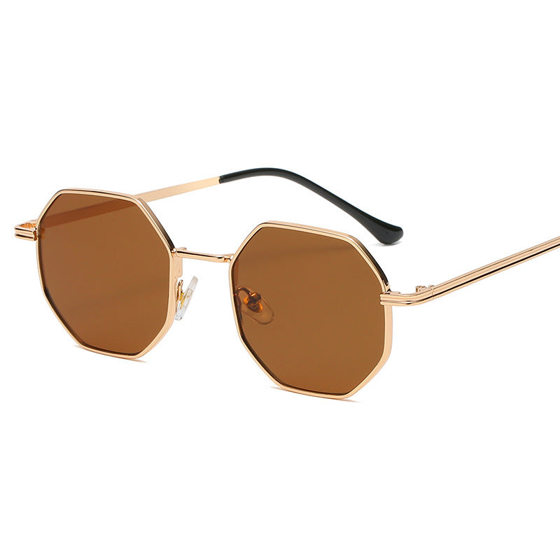 Octagonal Metal Frame Sunglasses - Golden Brown