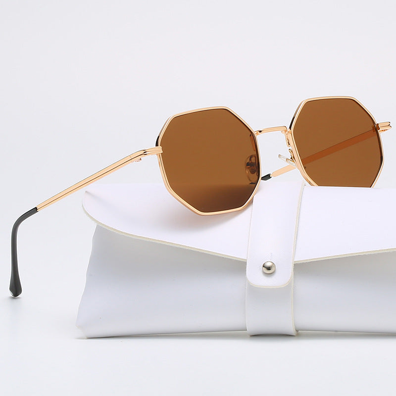 Octagonal Metal Frame Sunglasses - Golden Brown