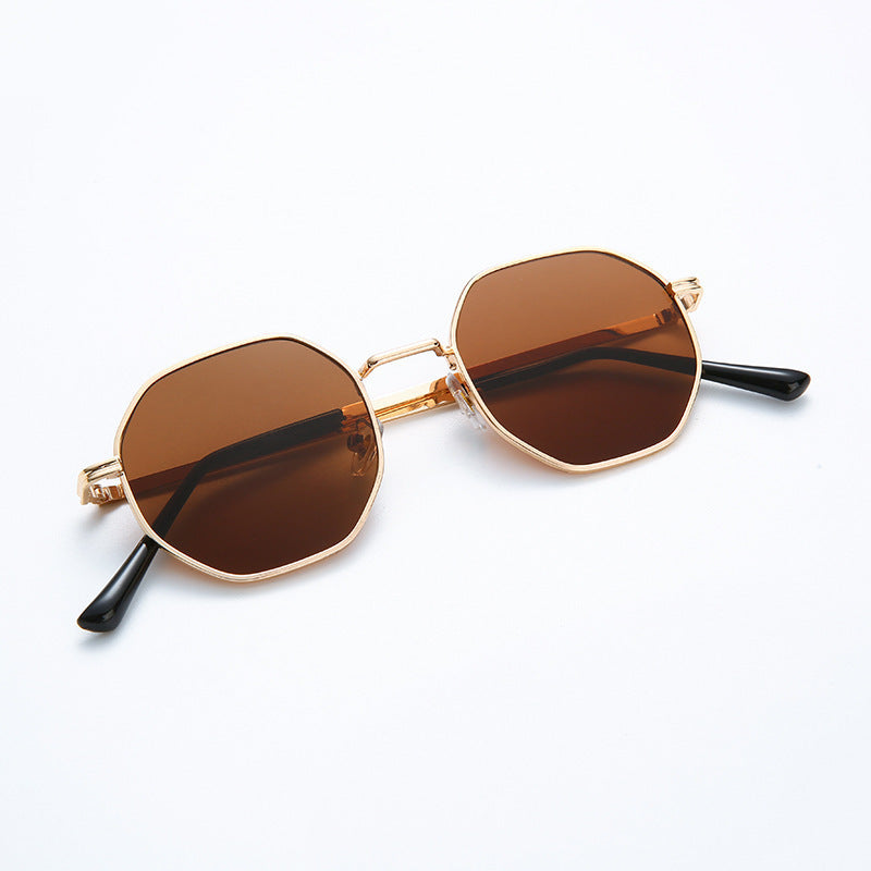 Octagonal Metal Frame Sunglasses - Golden Brown