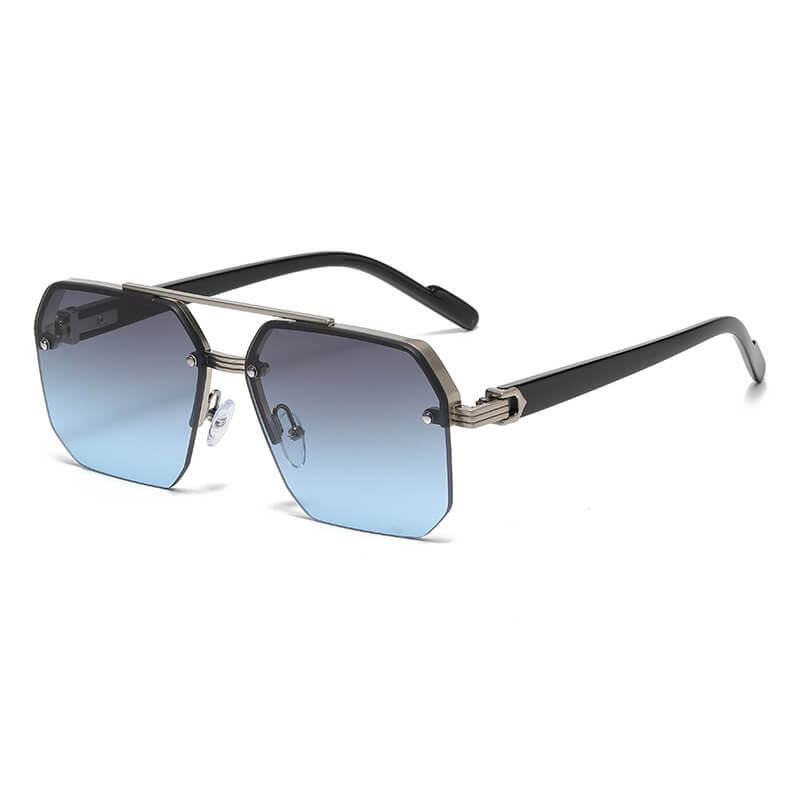 Octagon Rimless Sunglasses - Silver Frame Blue Lens