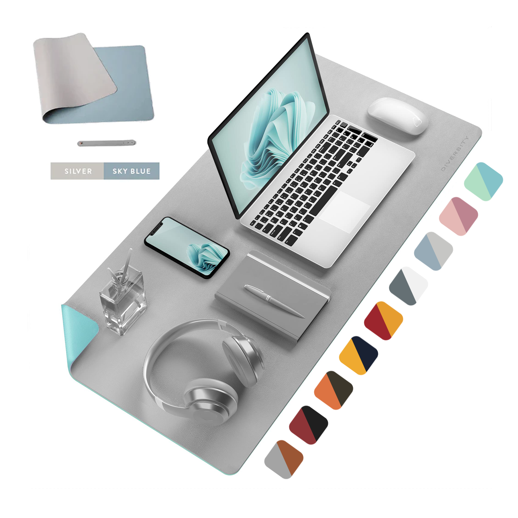 Double Sided Leather Desk Mat - SILVER + SKY BLUE