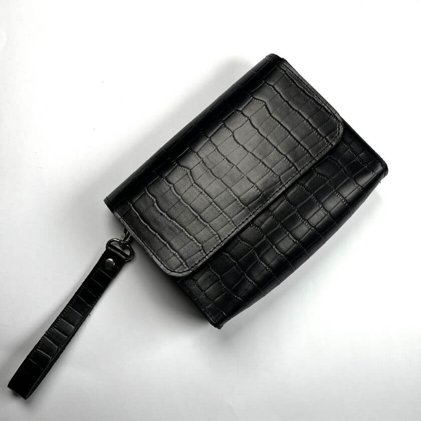 Croc Textured Leather Laptop Sleeve With Power Pouch