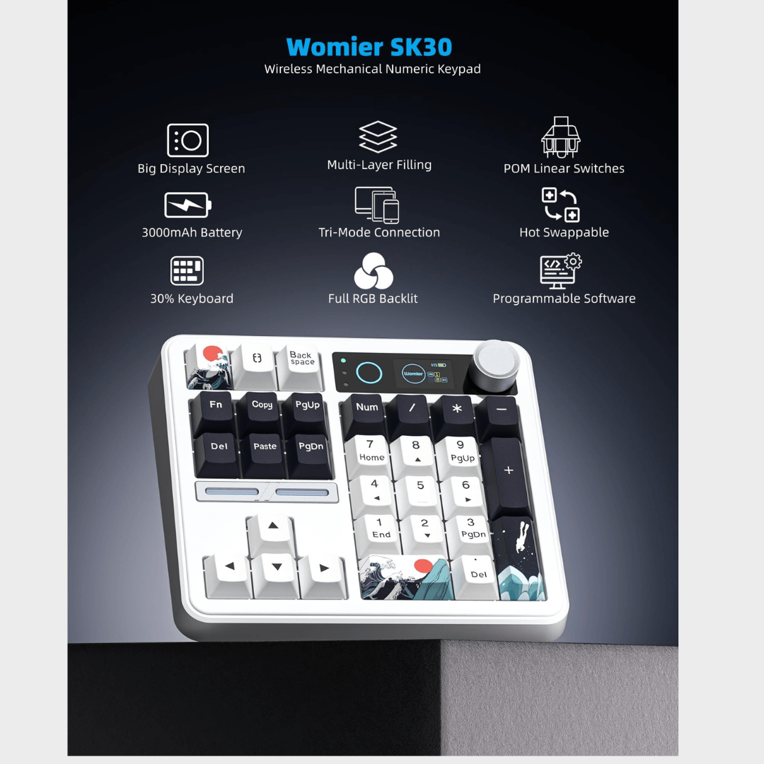 WOMIER SK30 Mini Wireless Keyboard with Multimedia Knob & Screen