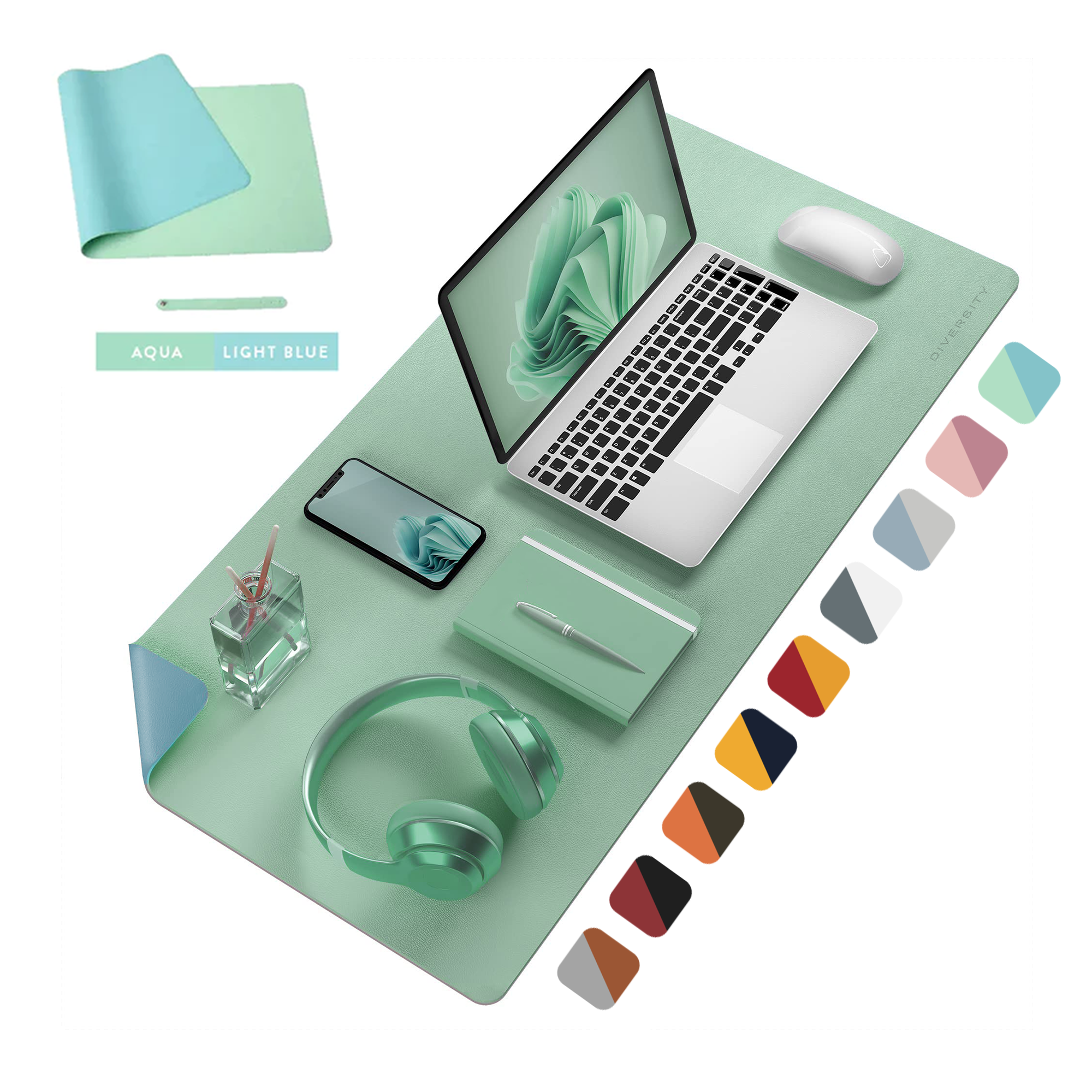 Double Sided Leather Desk Mat - LIGHT BLUE + AQUA
