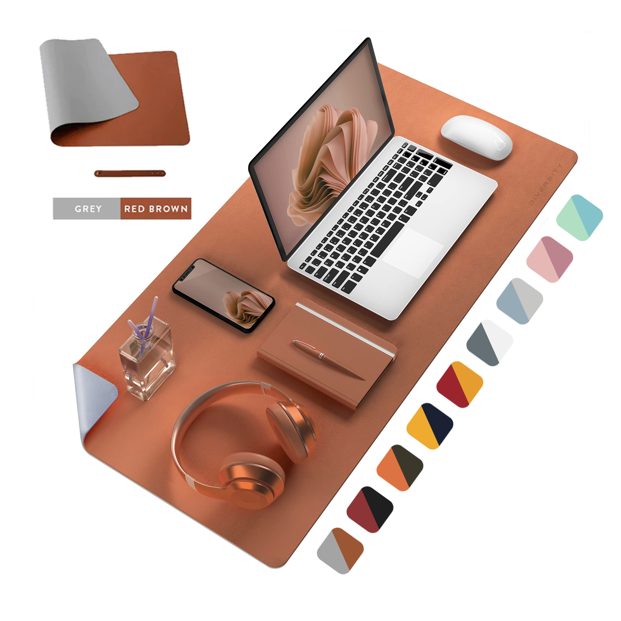 Double Sided Leather Desk Mat - GREY + RED BROWN