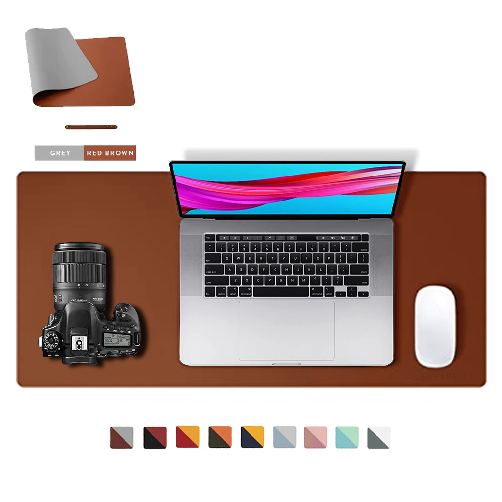 Double Sided Leather Desk Mat - GREY + RED BROWN