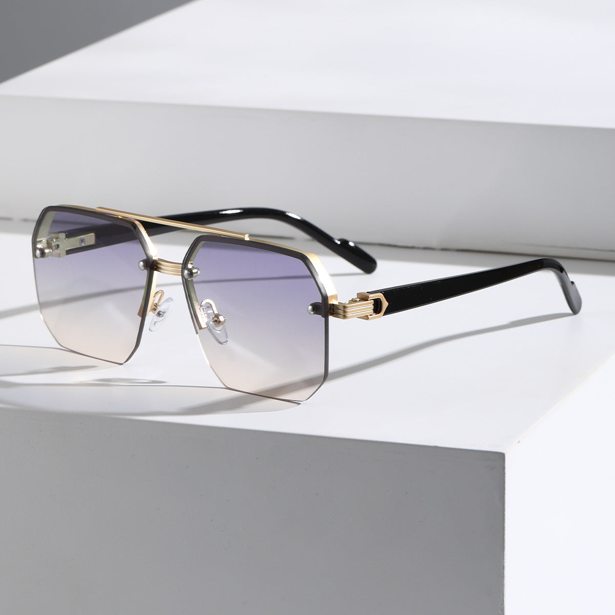 Octagon Rimless Sunglasses - Gold Frame Transparent Blue Lens