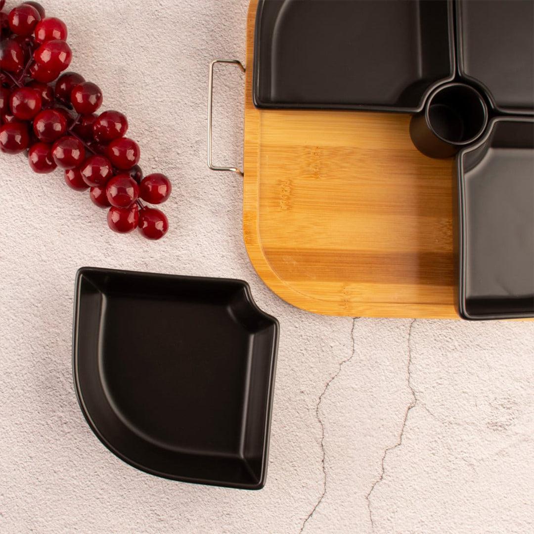 Large Ceramic Snack Platter With Wooden Tray - Black