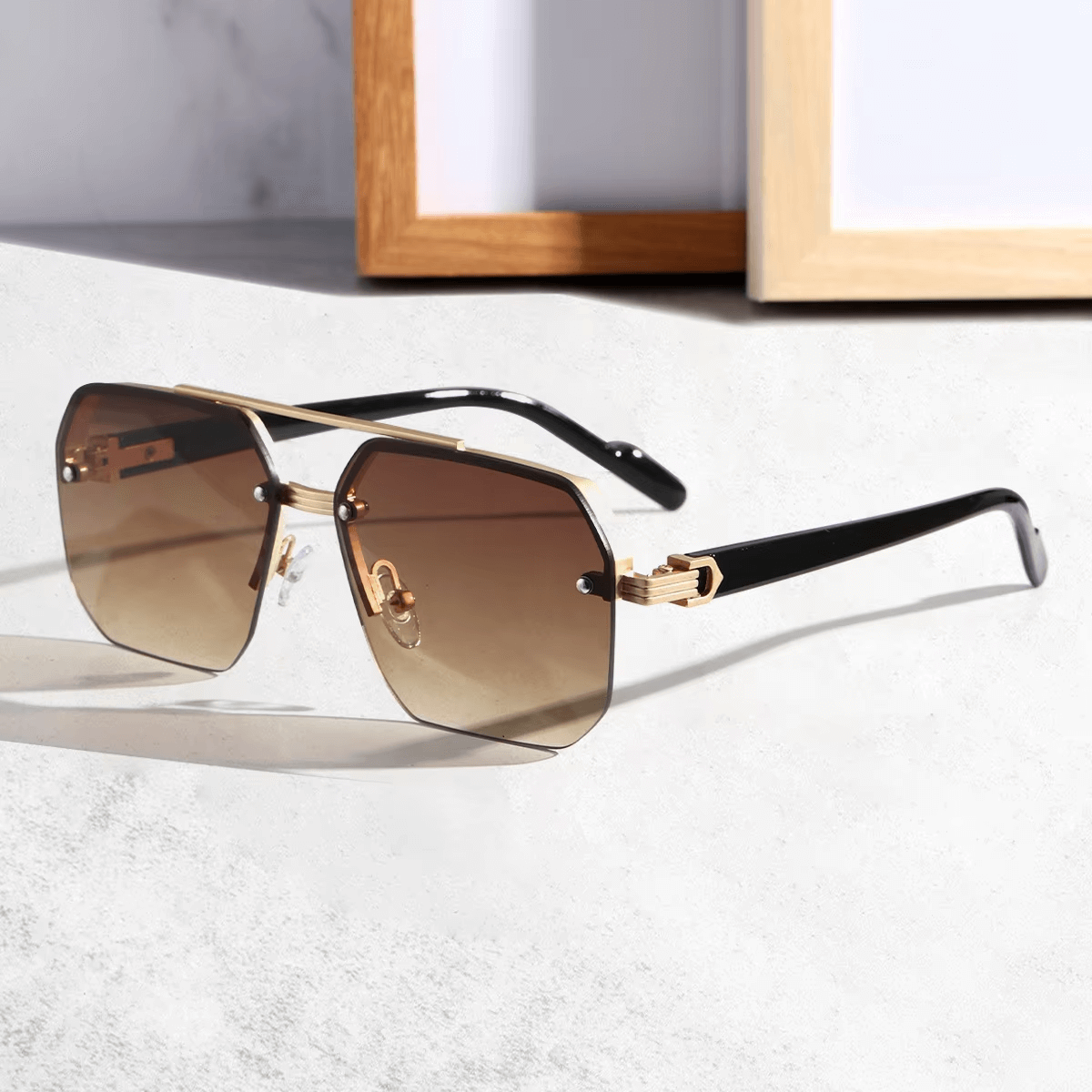 Octagon Rimless Sunglasses - Gold Frame Brown Lens