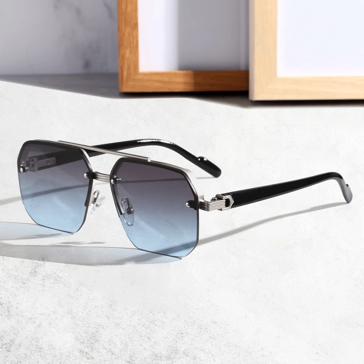 Octagon Rimless Sunglasses - Silver Frame Blue Lens