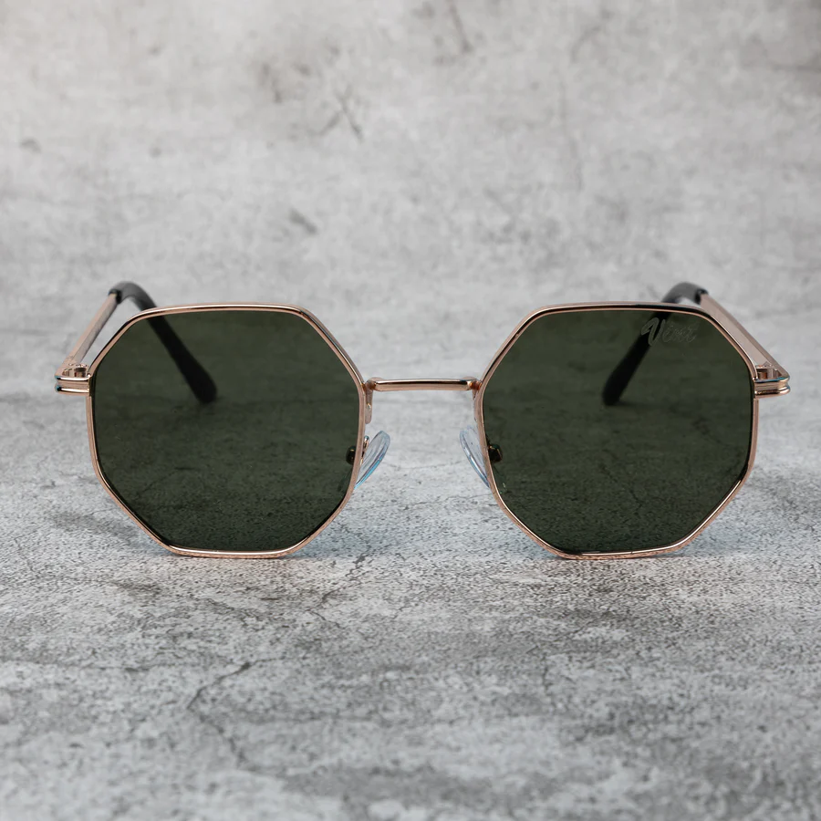 Octagonal Metal Frame Sunglasses - Golden Green
