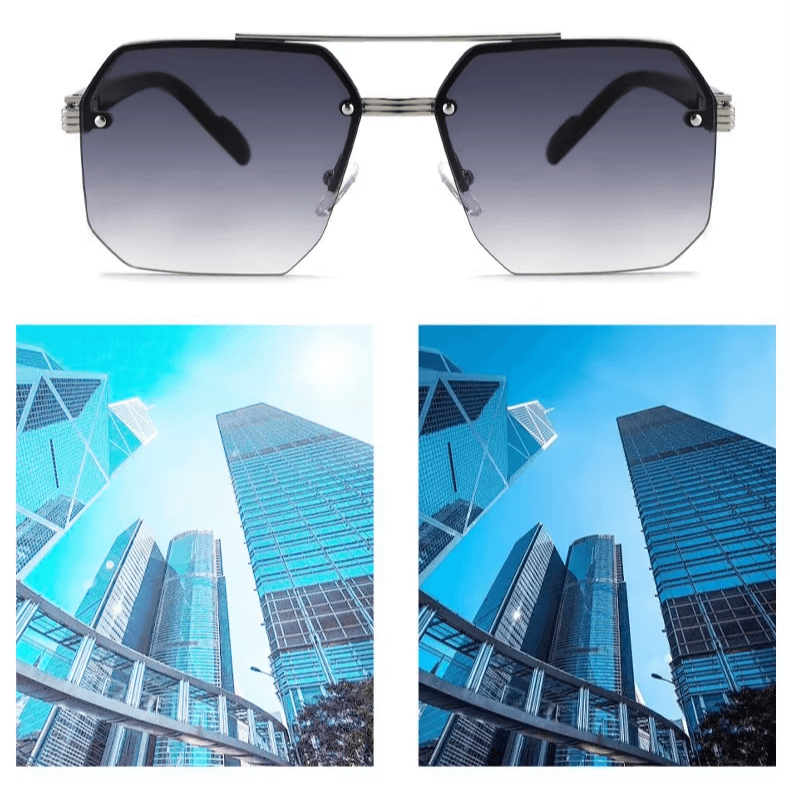 Octagon Rimless Sunglasses - Silver Frame Blue Lens