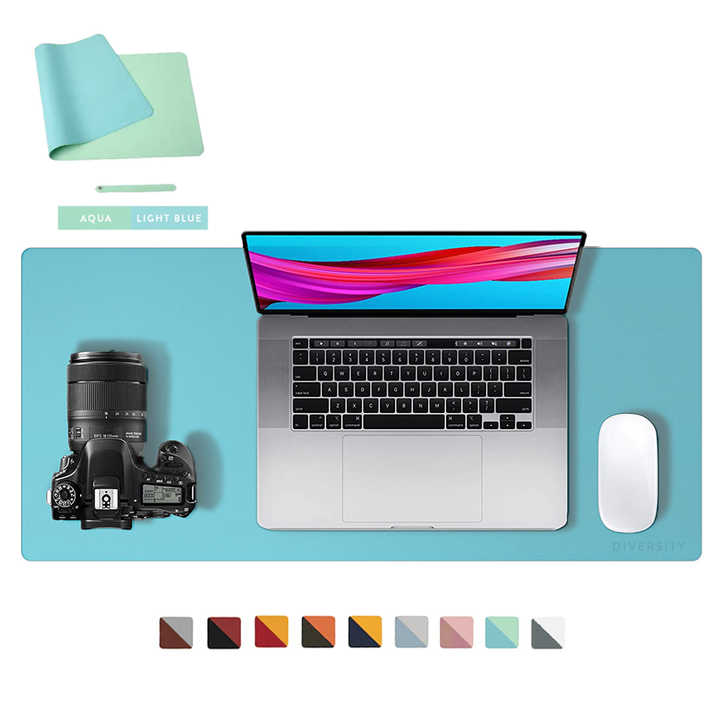 Double Sided Leather Desk Mat - LIGHT BLUE + AQUA