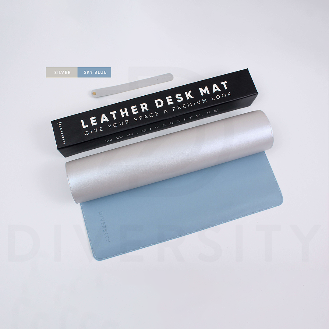 Double Sided Leather Desk Mat - SILVER + SKY BLUE