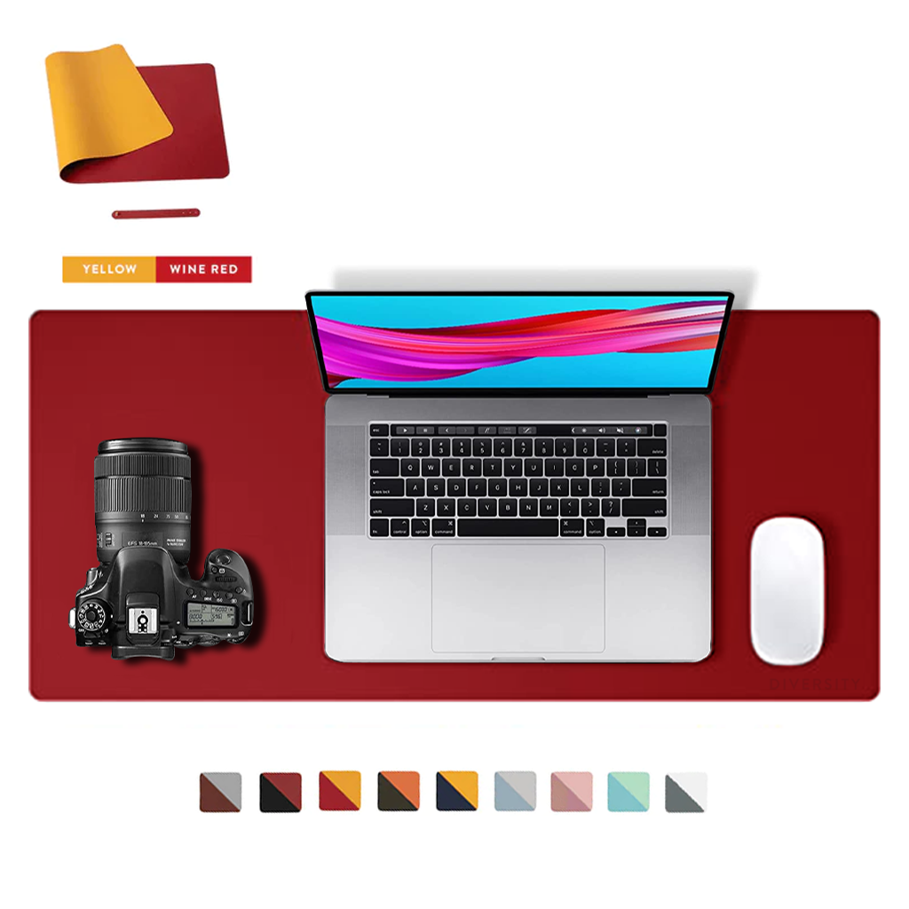 Double Sided Leather Desk Mat - YELLOW + WINE RED