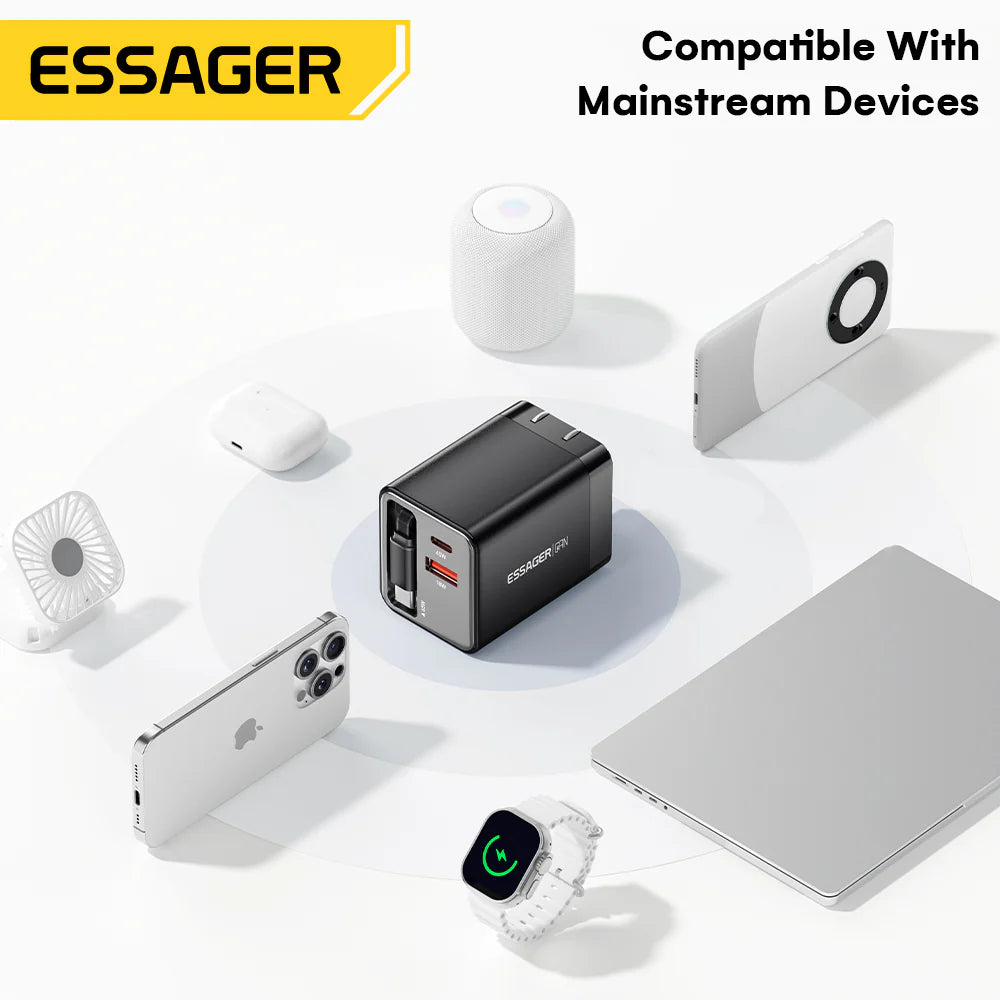 Essager 65W GaN Charger with Retractable Cable (Type C & A)