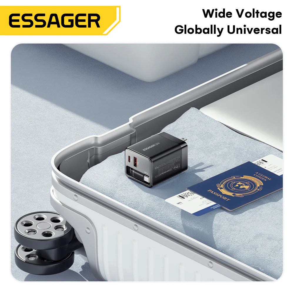 Essager 65W GaN Charger with Retractable Cable (Type C & A)