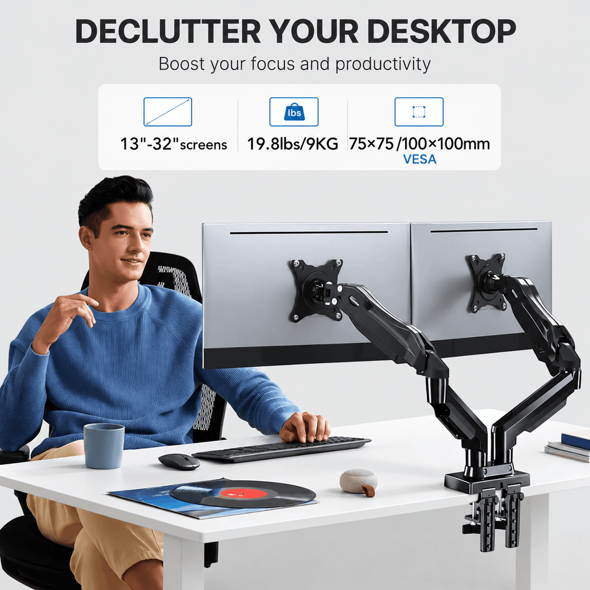 HUANUO Dual Monitor Arms Stand for 13 to 32 Inch Screens