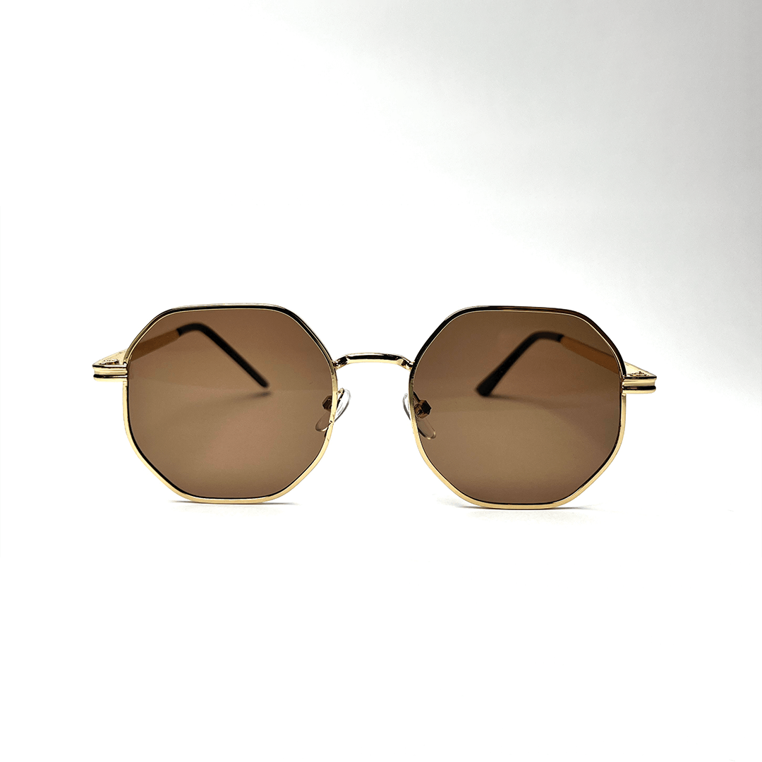 Octagonal Metal Frame Sunglasses - Golden Brown