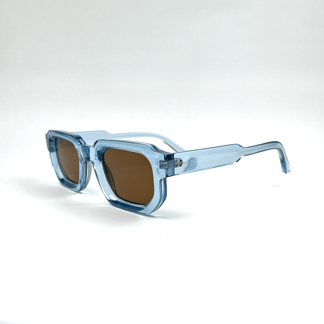 Minor Fault Modern Square Luxe Sunglasses - Transparent Blue Frame Amber Lens