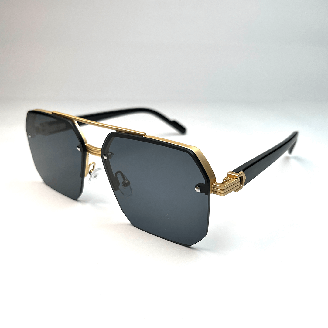 Octagon Rimless Sunglasses - Gold Frame Black Grey Lens