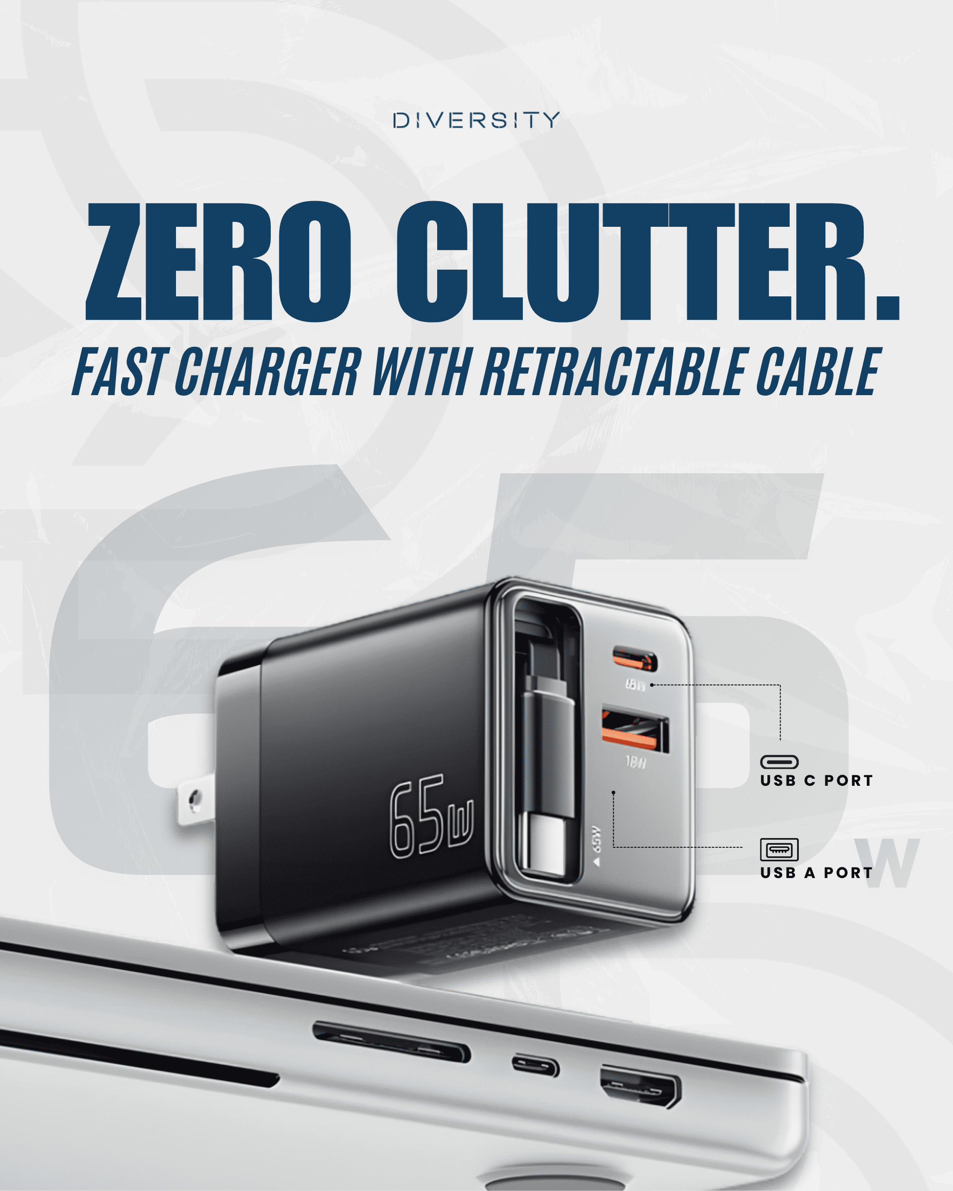 Essager 65W GaN Charger with Retractable Cable (Type C & A)