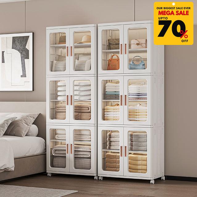 Acrylic 3 Layer Double Door Stackable Storage Cabinet With Wheels