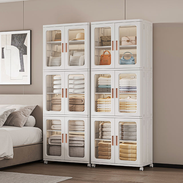 Acrylic 3 Layer Double Door Stackable Storage Cabinet With Wheels