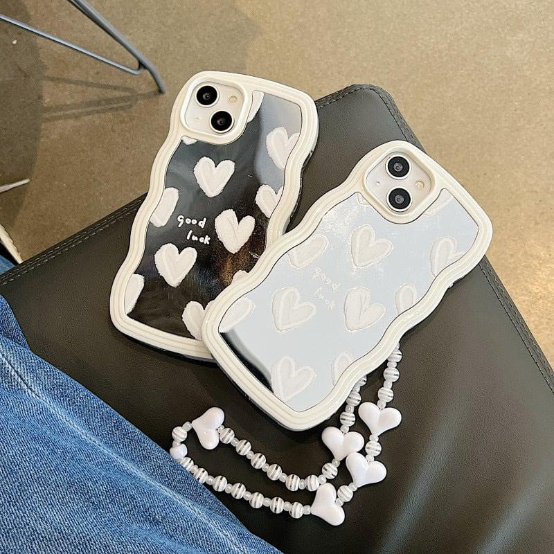 Wavy Edge White Heart Mirror iPhone Case With Lanyard