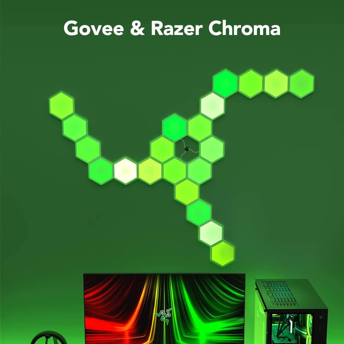 Govee & Razer Chroma LED lights on a desk setup with computer monitor, keyboard, and mouse.