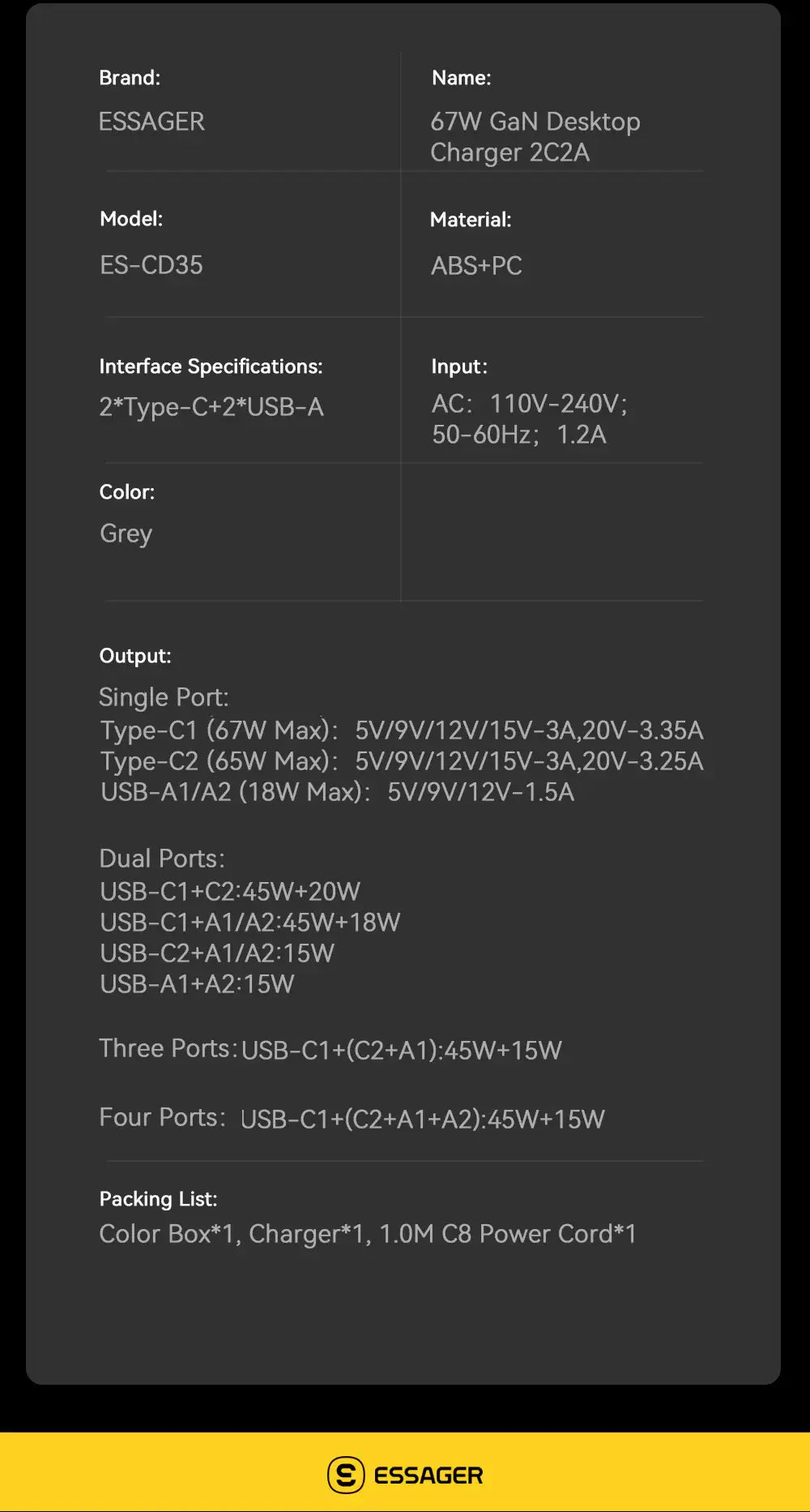 Essager 67W GaN Desktop Charger (2A & 2C)