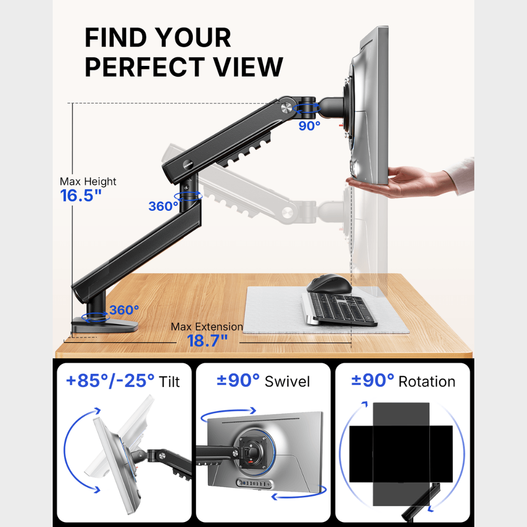 HUANUO FlowLift Single Monitor Arm for 13 to 32 Inch Screens
