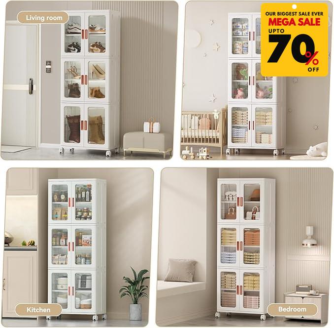 Acrylic 3 Layer Double Door Stackable Storage Cabinet With Wheels