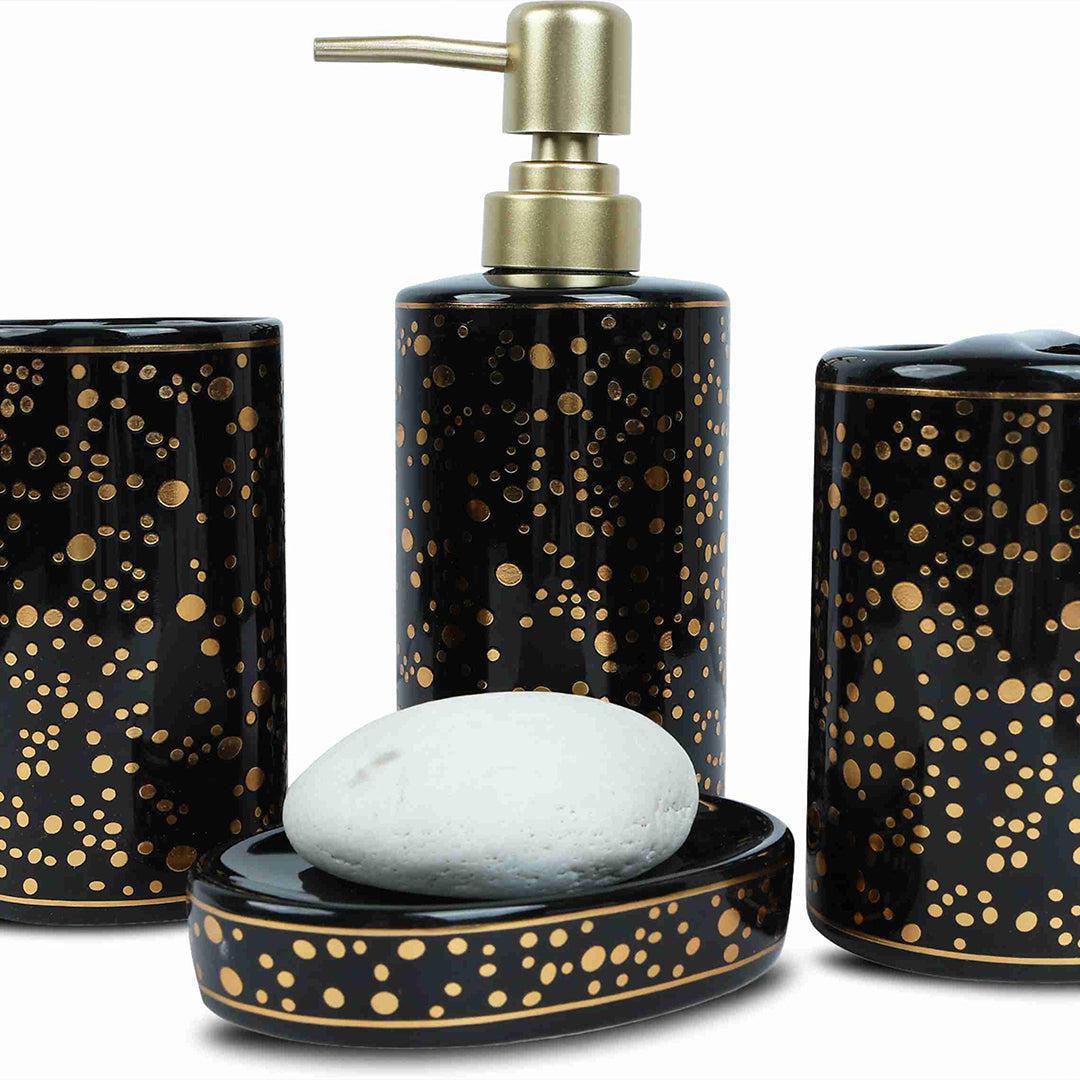 Ceramic Bathroom Set - Gold Dotted - Black