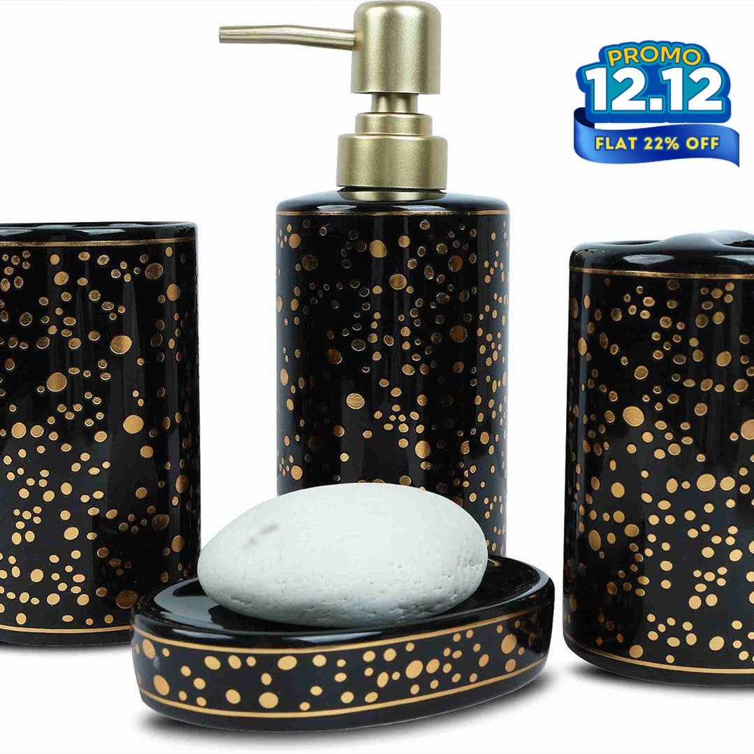 Ceramic Bathroom Set - Gold Dotted - Black-DIVERSITY