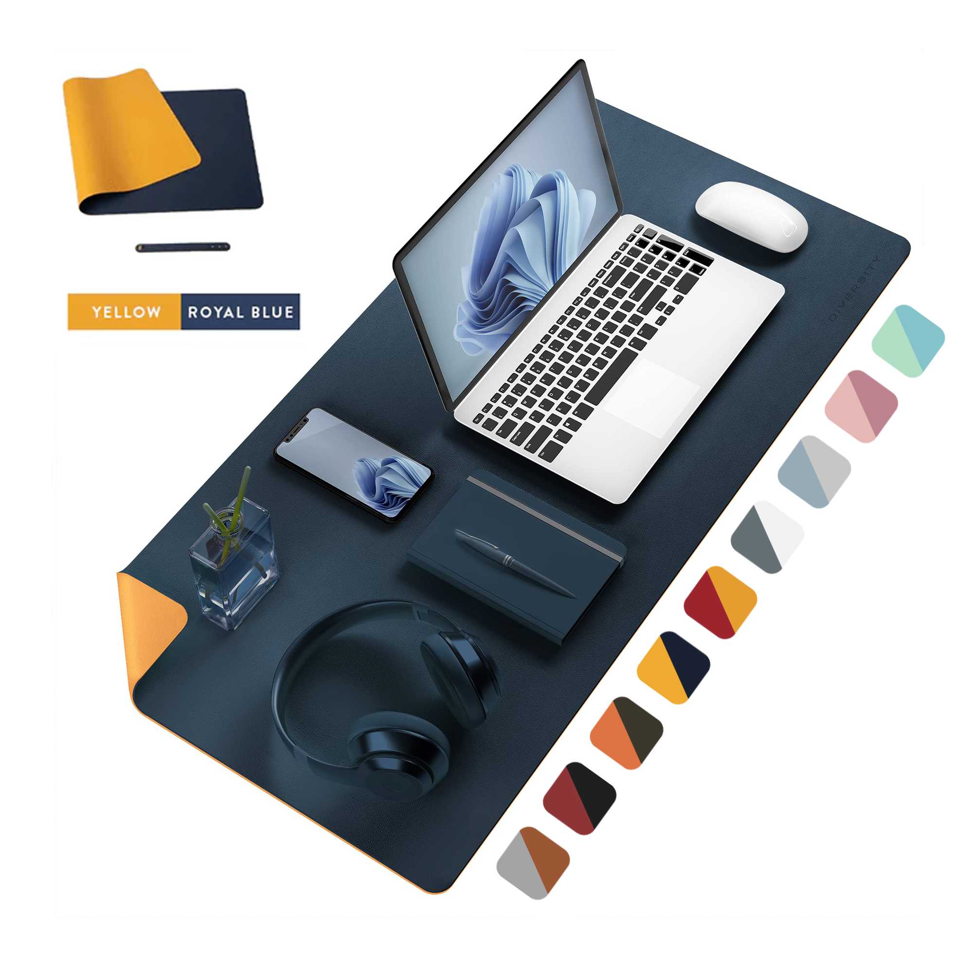 Double Sided Leather Desk Mat - YELLOW + ROYAL BLUE