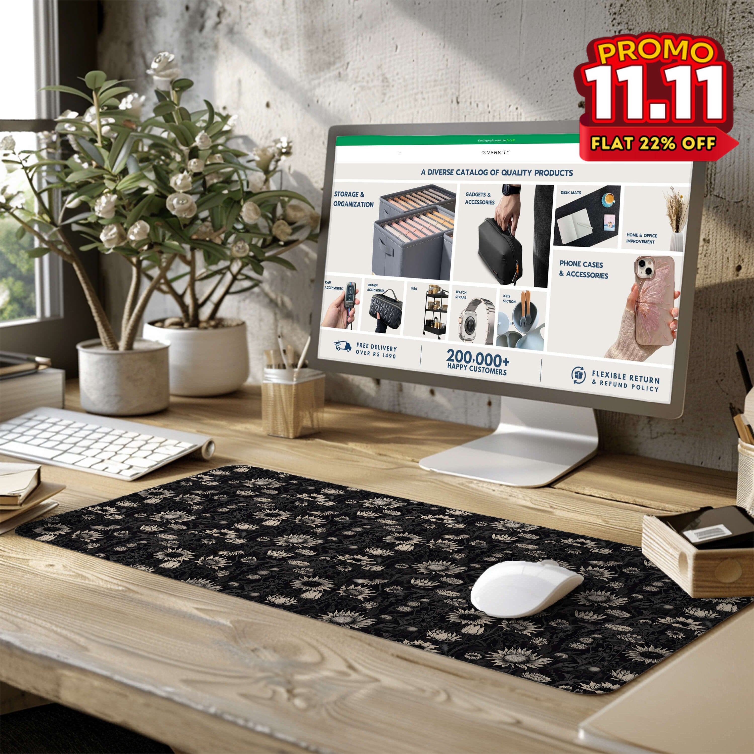 Printed Desk Mat - Black Sun Flowers-DIVERSITY